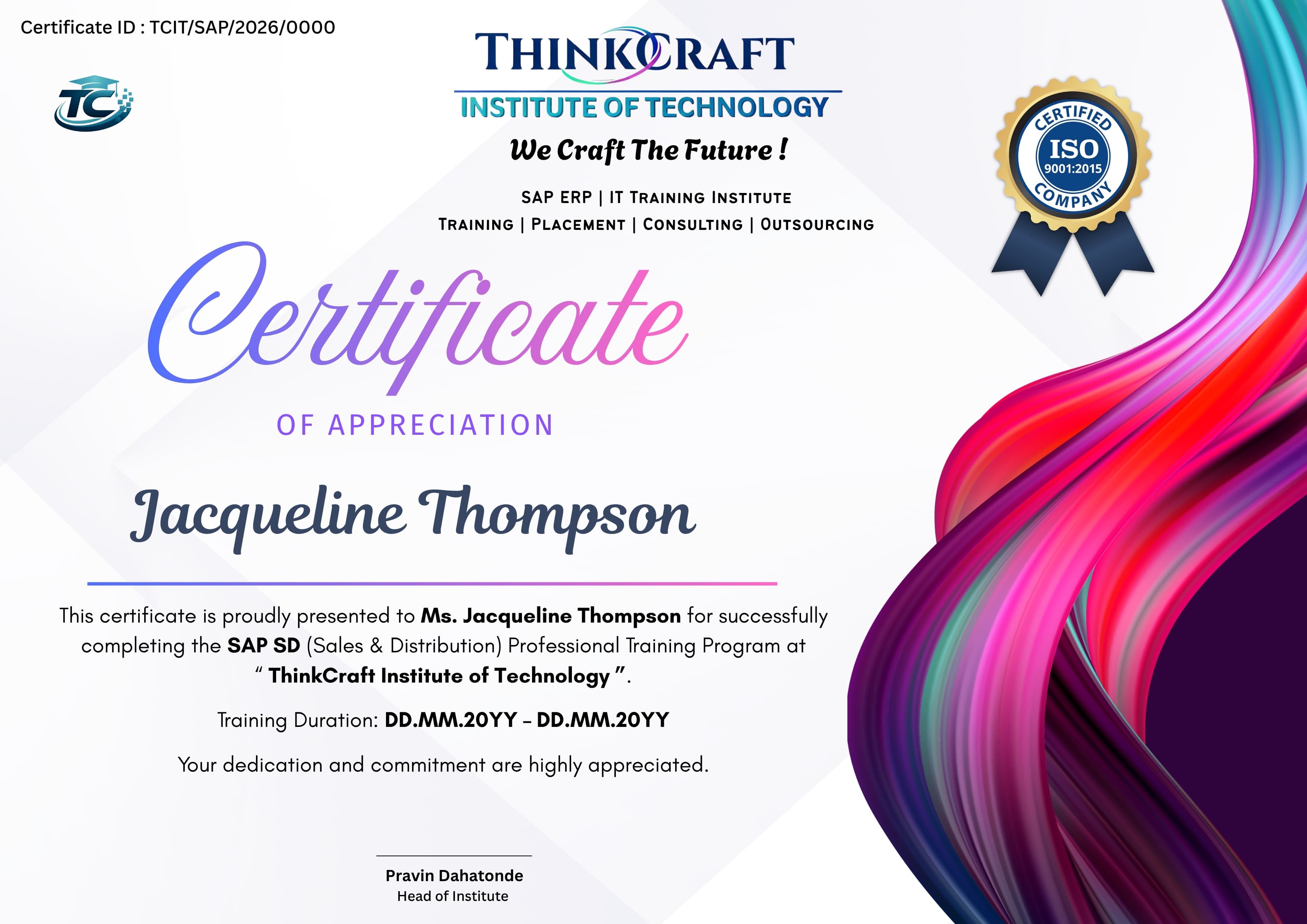ThinkCraft student certificate of appreciation
